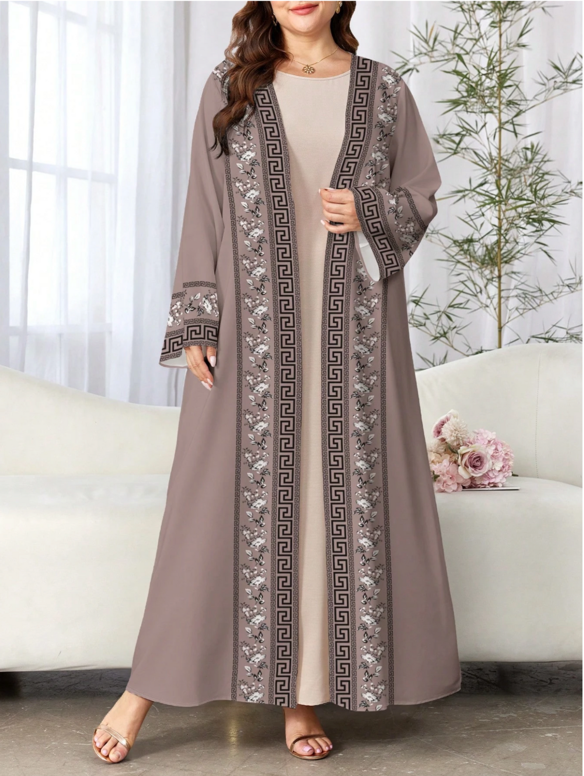 Geometric Open Abaya Cardigan (Plus Size)