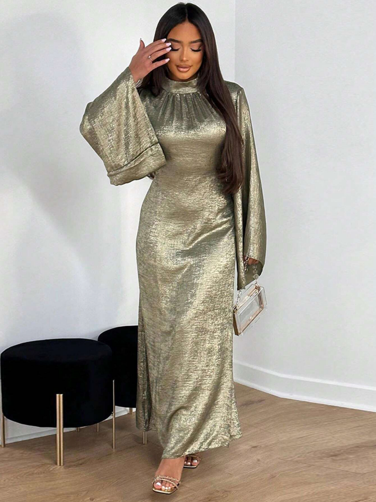Gold Metallic Maxi Abaya Dress