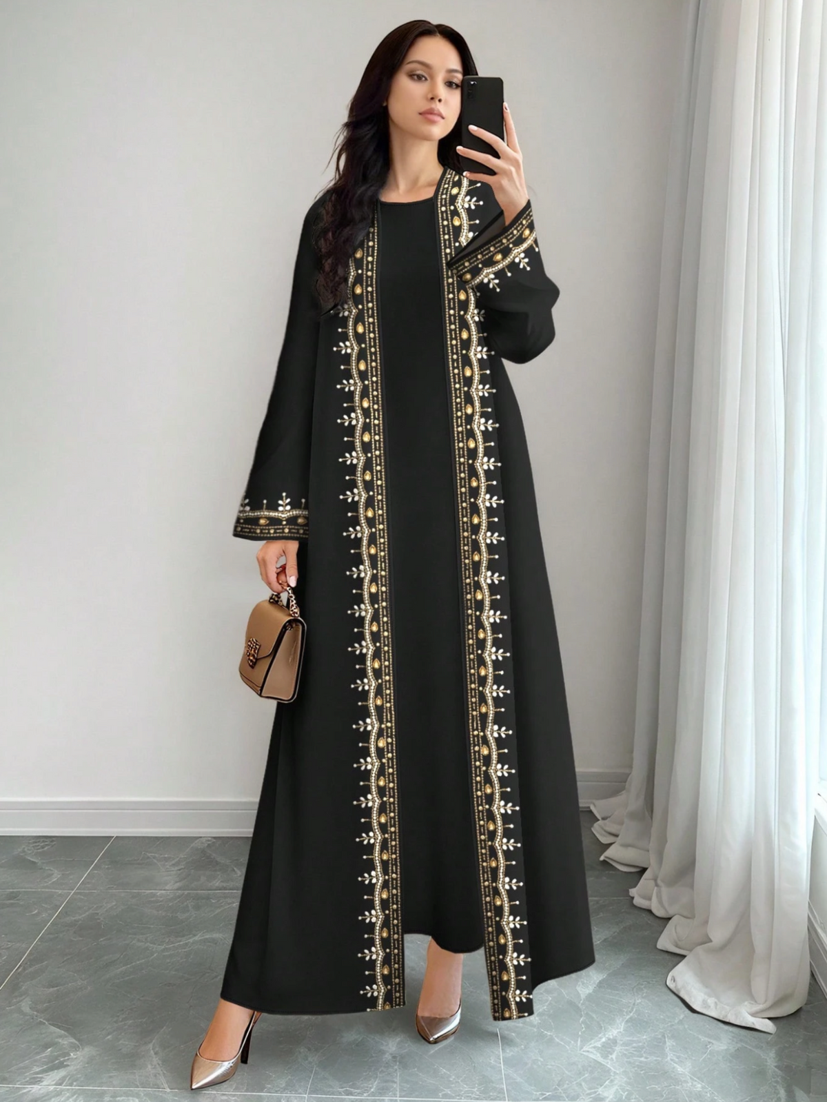 Pearl & Bead Trim Open Abaya – Black