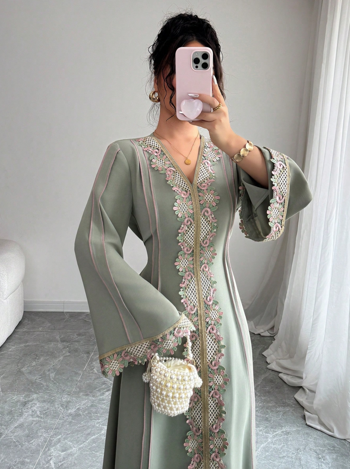 Rose Shimmer Kaftan Abaya with Embroidered Trim
